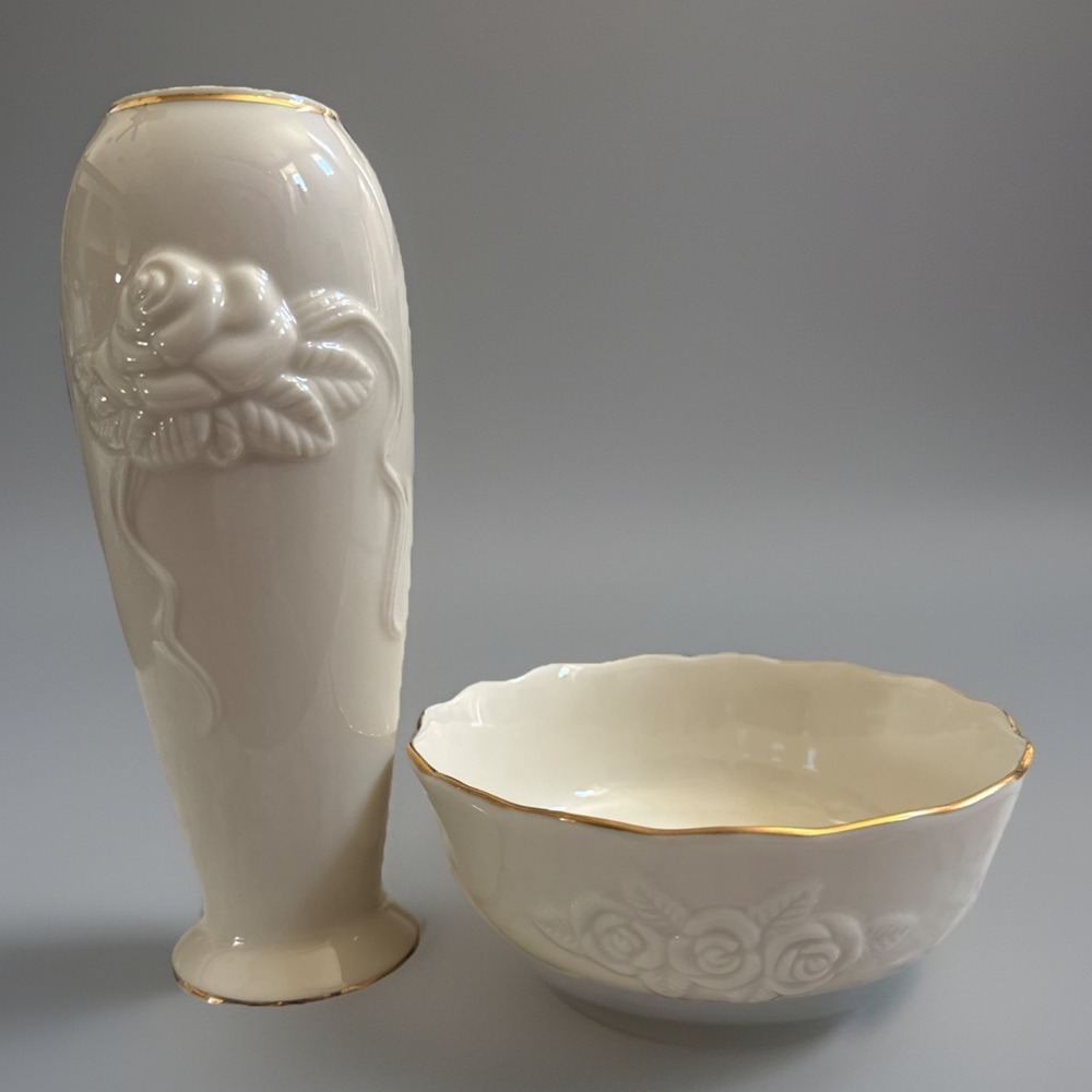 Lenox Ivory Porcelain - Rose Blossom Bud Vase Embossed 7 1/2"/ Bowl